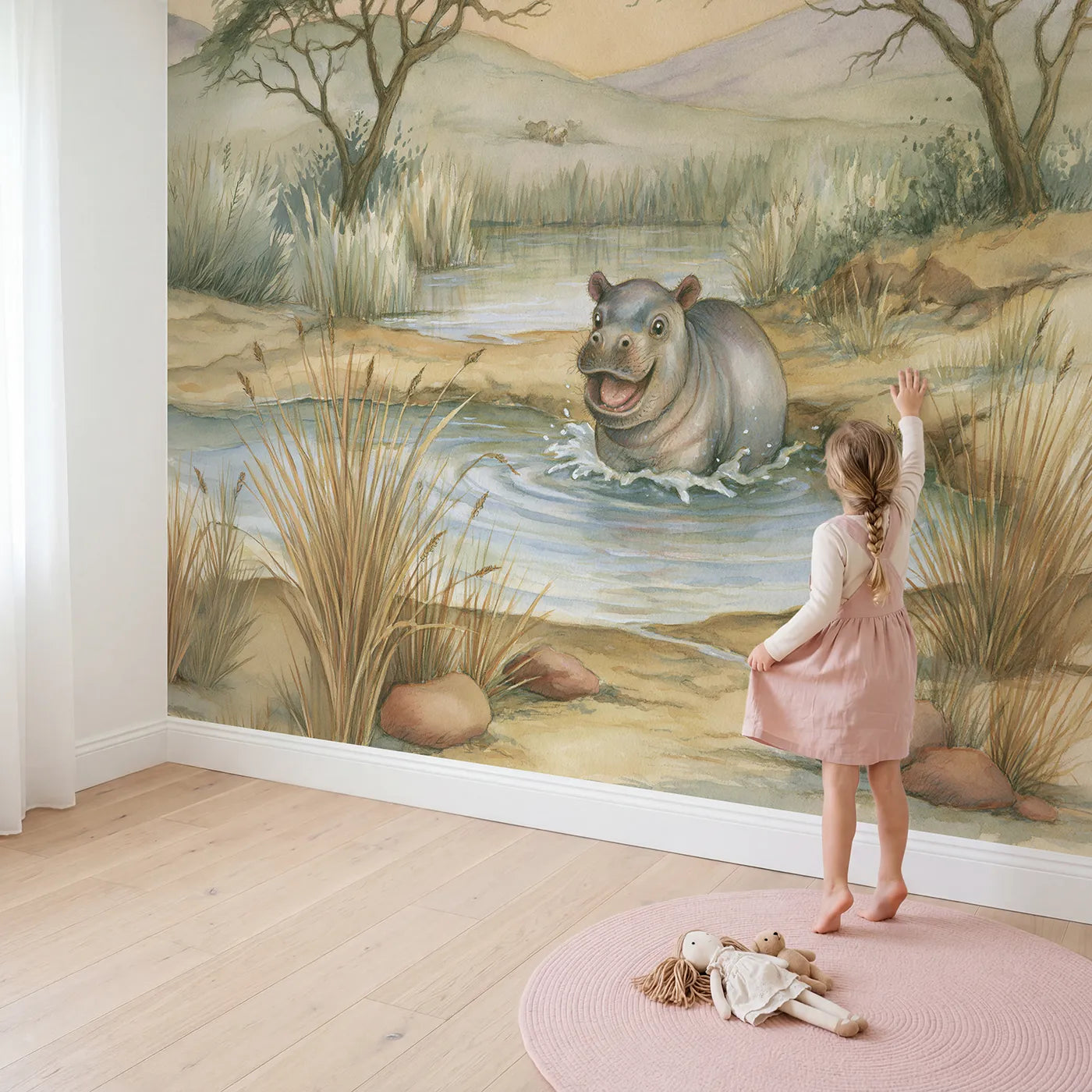 Child in nursery with Baby Hippo Splash Wallpaper Mural by Whimsy Tots