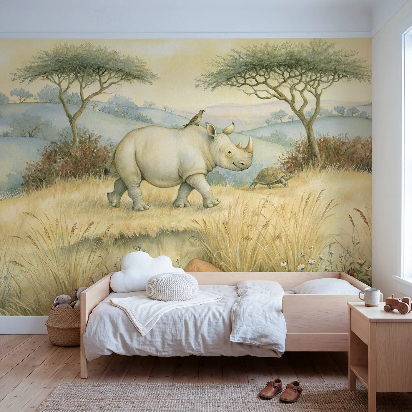 Storybook wall mural of a friendly rhino and tiny bird by Whimsy Tots