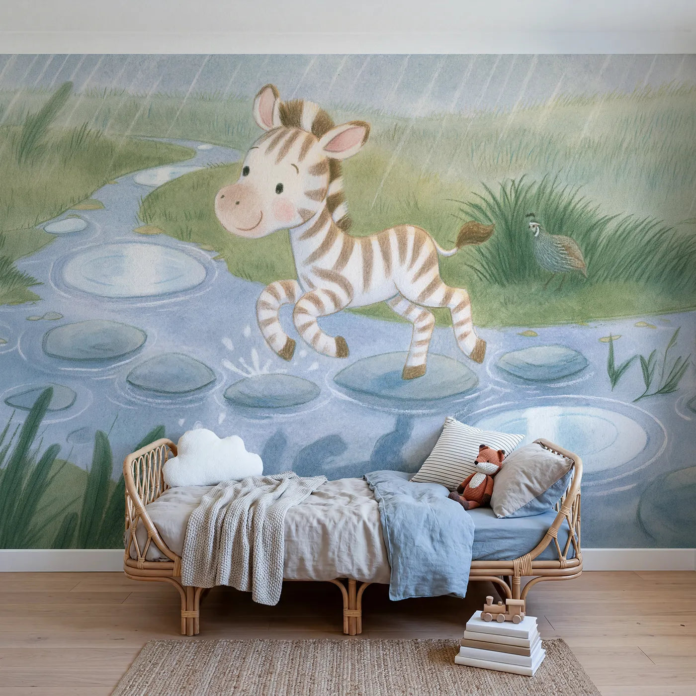 Colored Pencil zebra foal hopping puddle stones, wall mural for a kids room by Whimsy Tots