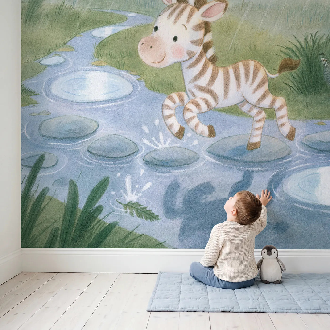 Child in nursery with Zebra Puddle Hopscotch Wallpaper Mural by Whimsy Tots