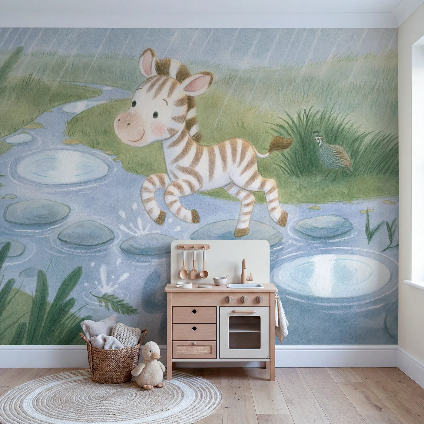 Zebra Puddle Hopscotch Wallpaper Mural in playroom setting by Whimsy Tots