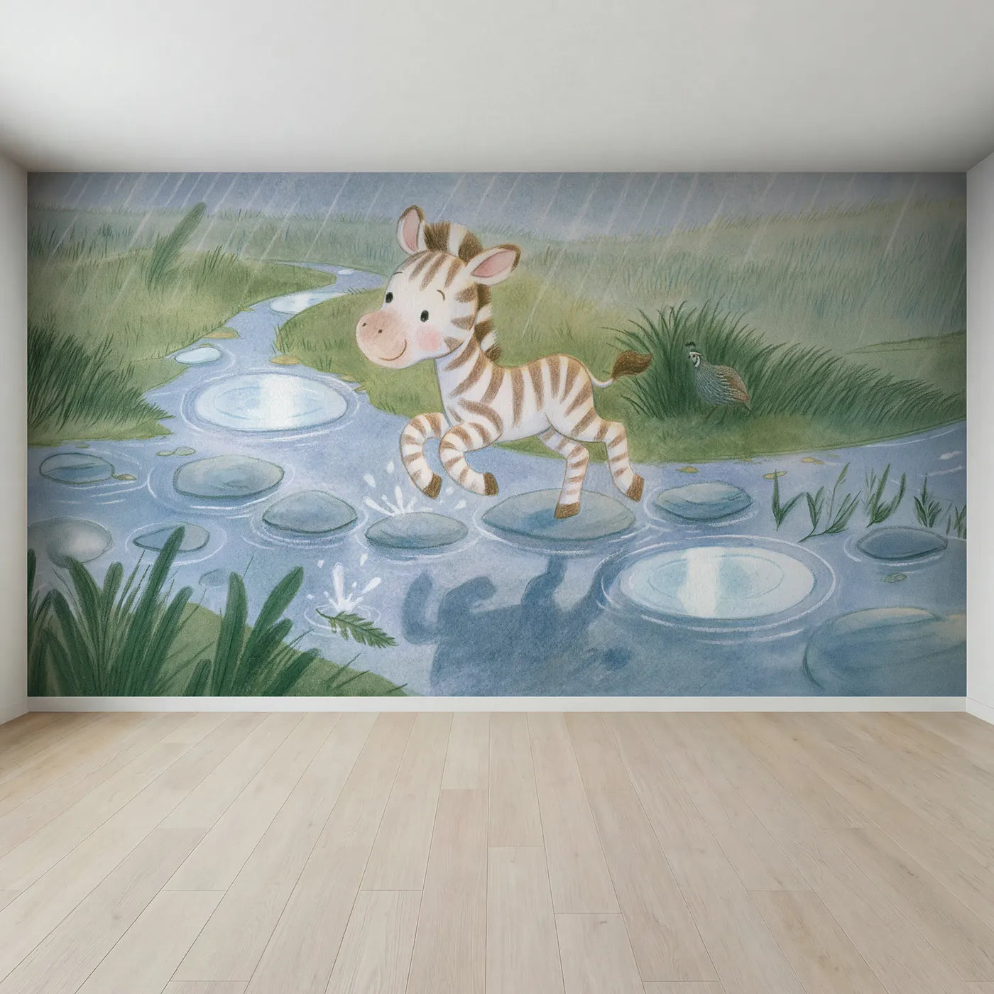 Full view of Zebra Puddle Hopscotch Wallpaper Mural by Whimsy Tots