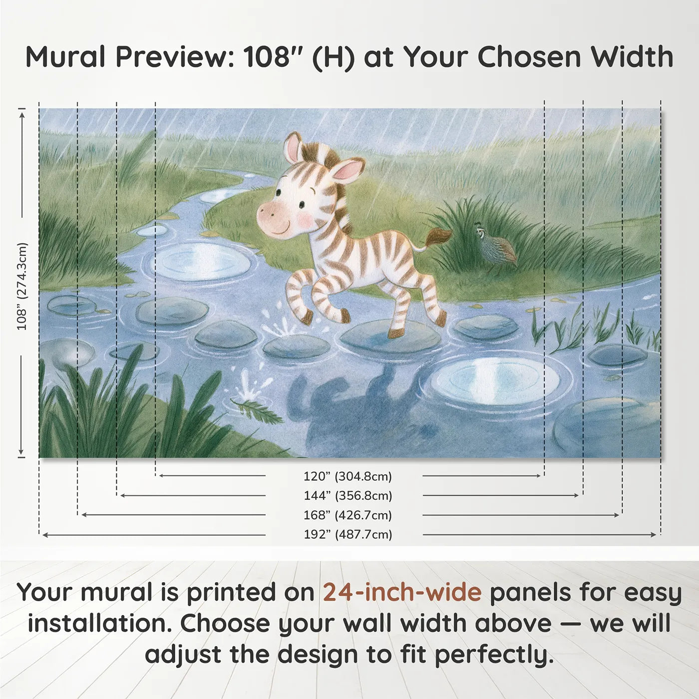 Panel layout and dimensions for Zebra Puddle Hopscotch Wallpaper Mural by Whimsy Tots