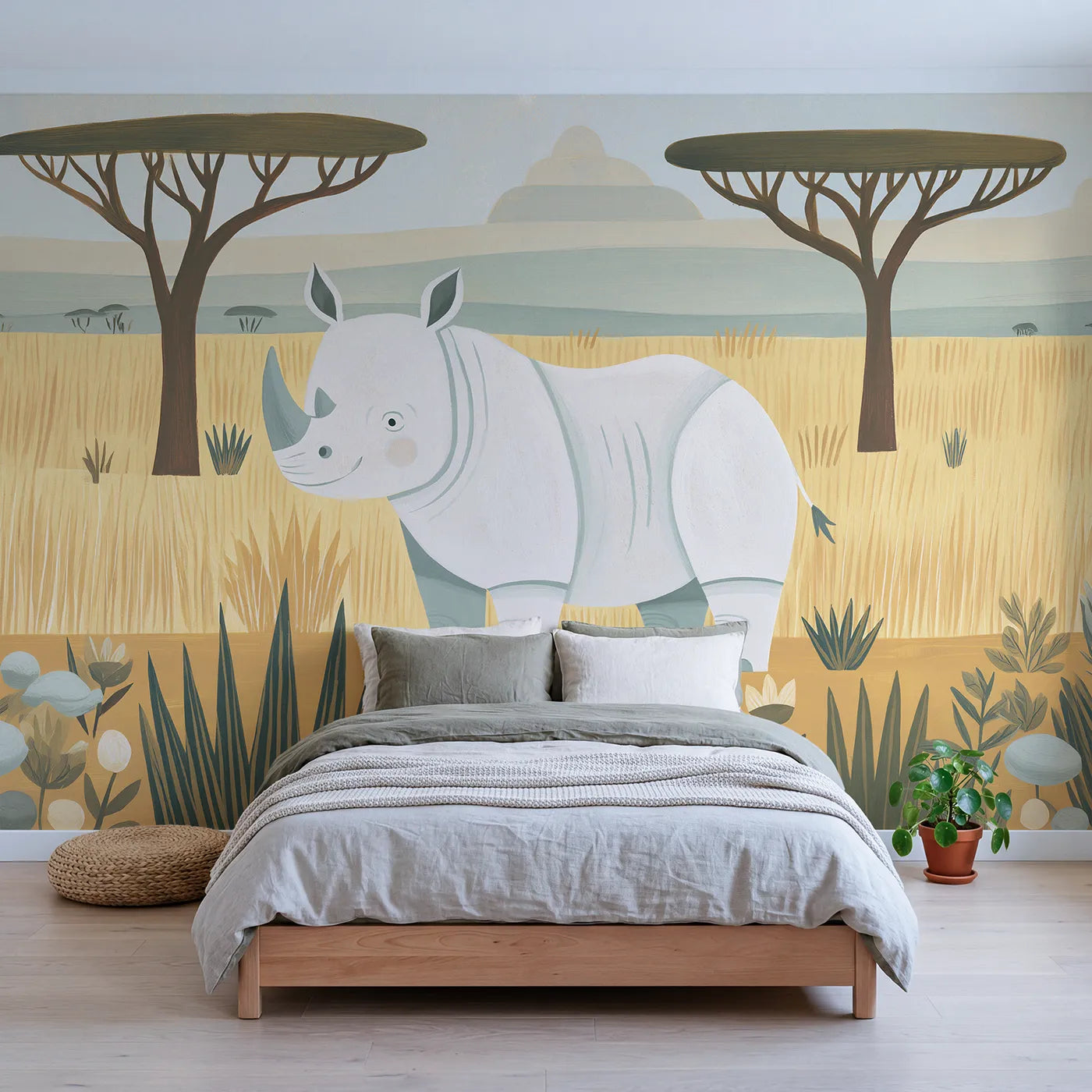 Gouache wall mural of a folk rhino in bold shapes by Whimsy Tots