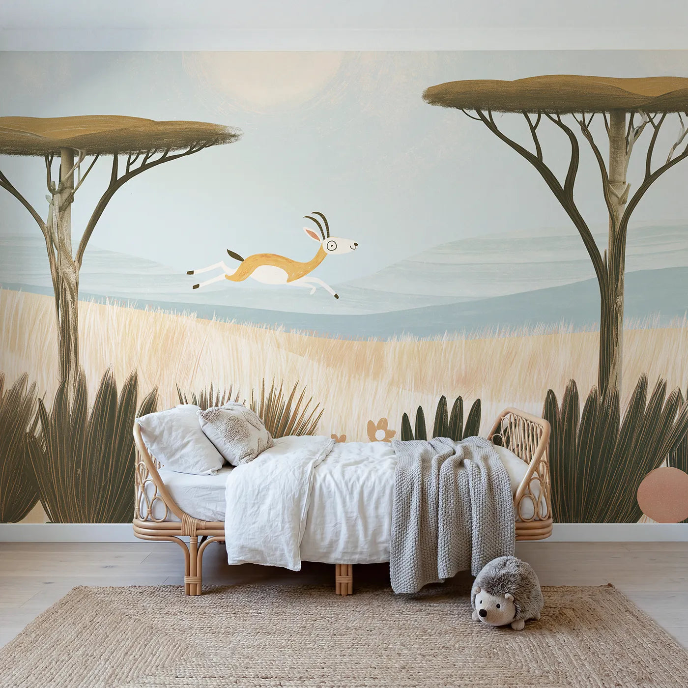 Gouache wall mural of a folk gazelle mid-leap by Whimsy Tots