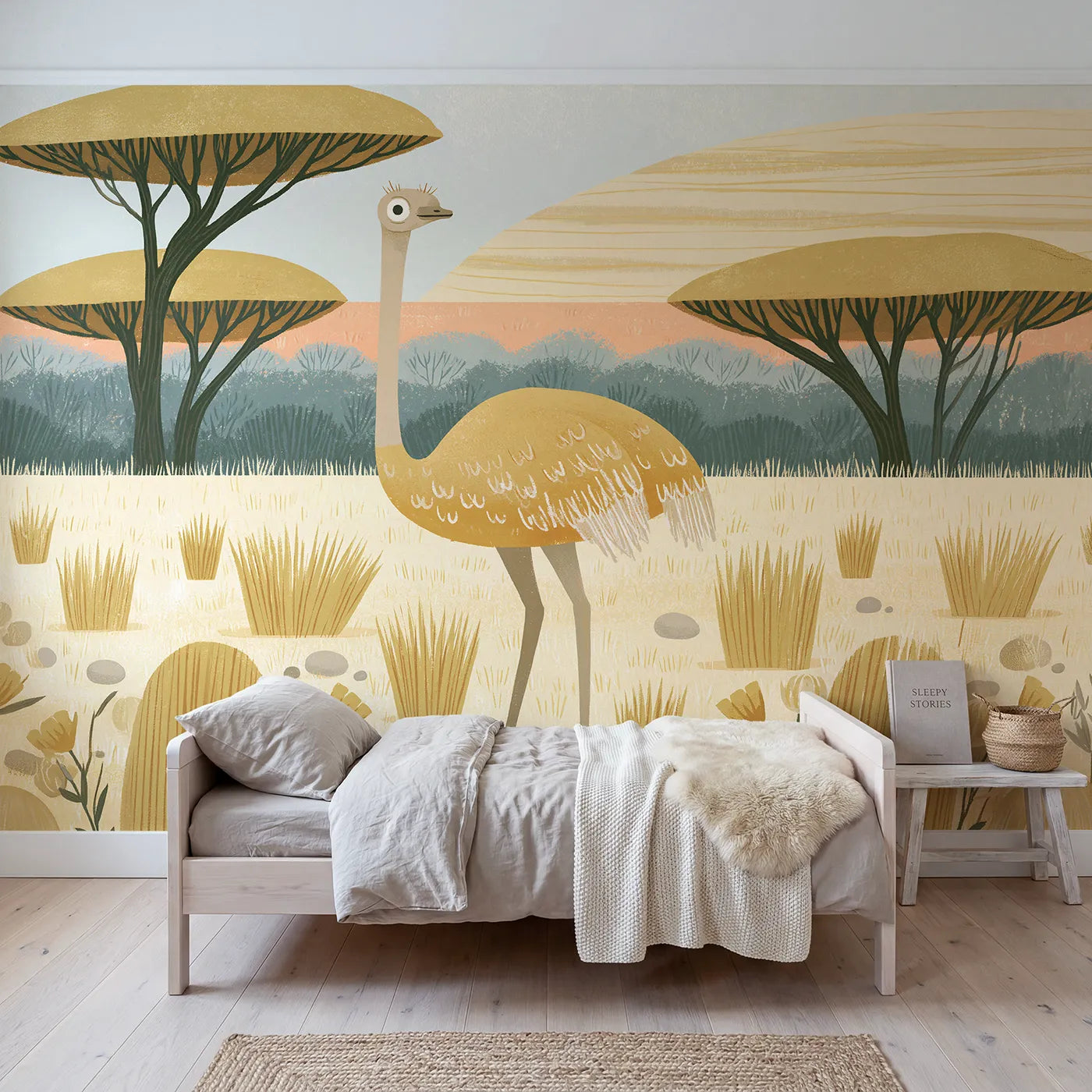 Gouache wall mural of a tall folk ostrich by Whimsy Tots