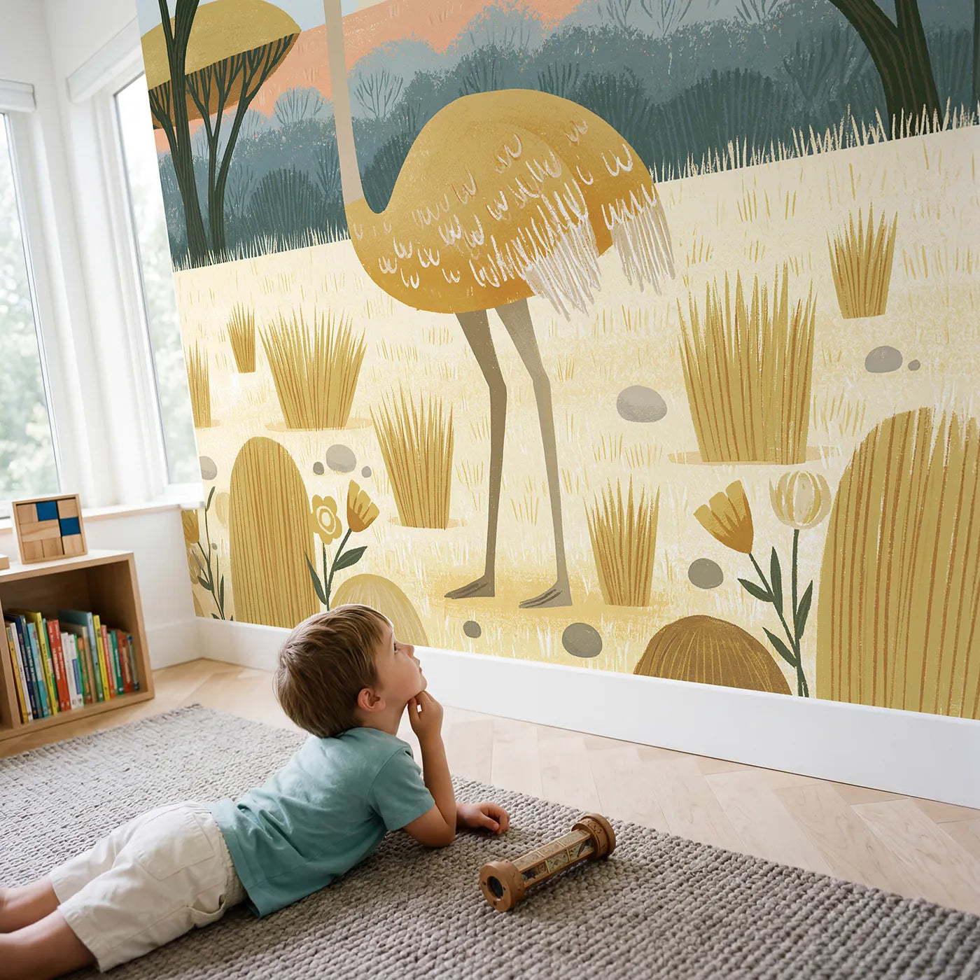 Child in nursery with Folk Ostrich Tall Wallpaper Mural by Whimsy Tots