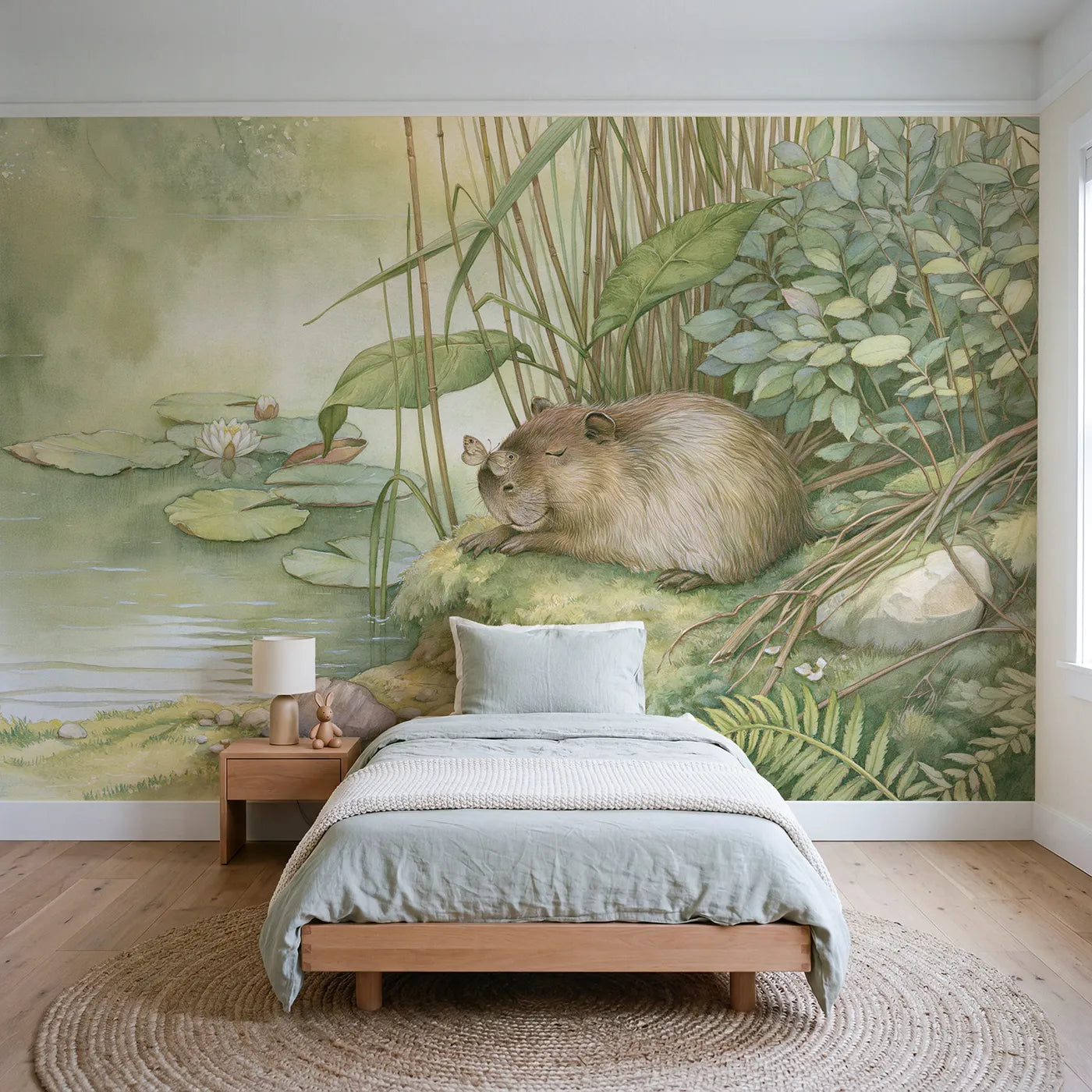 Storybook wall mural of a capybara with a butterfly by Whimsy Tots