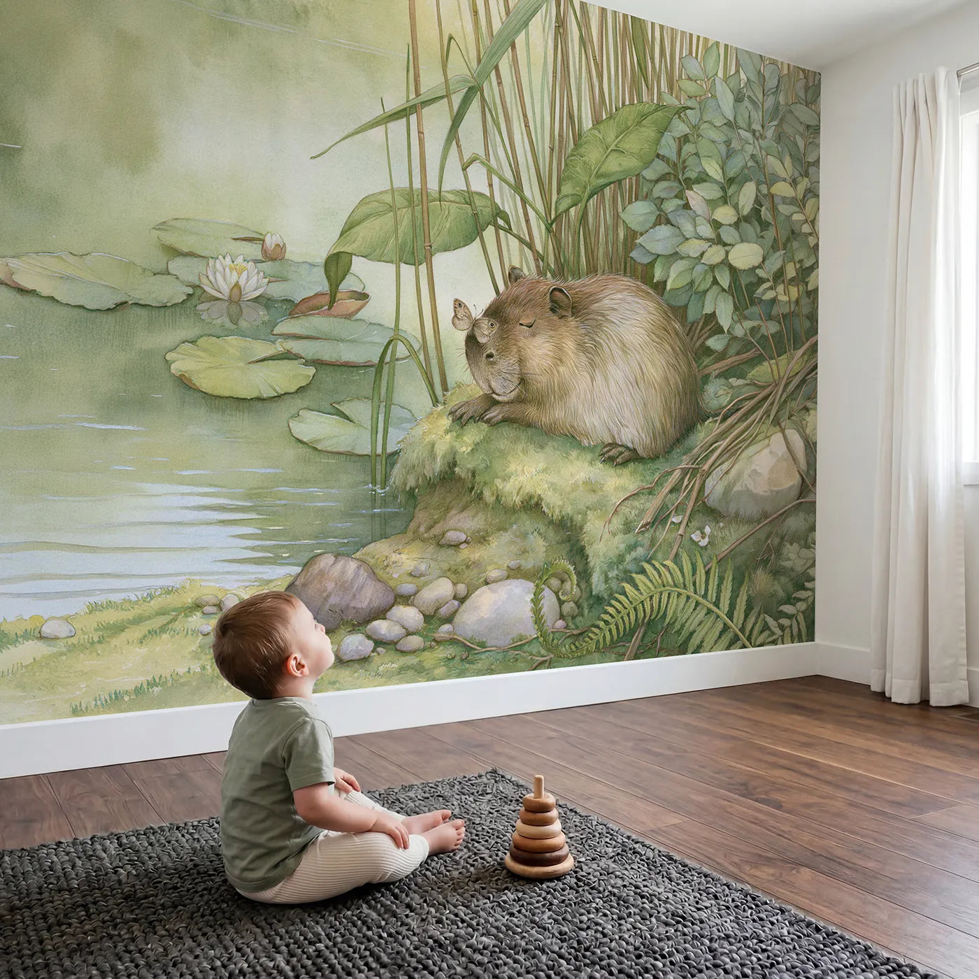 Child in nursery with Friendly Capybara Wallpaper Mural by Whimsy Tots