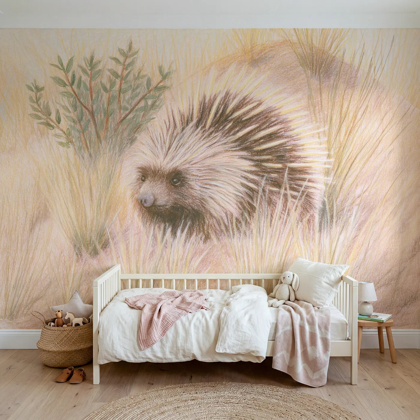 Colored pencil wall mural of a little exploring porcupine by Whimsy Tots
