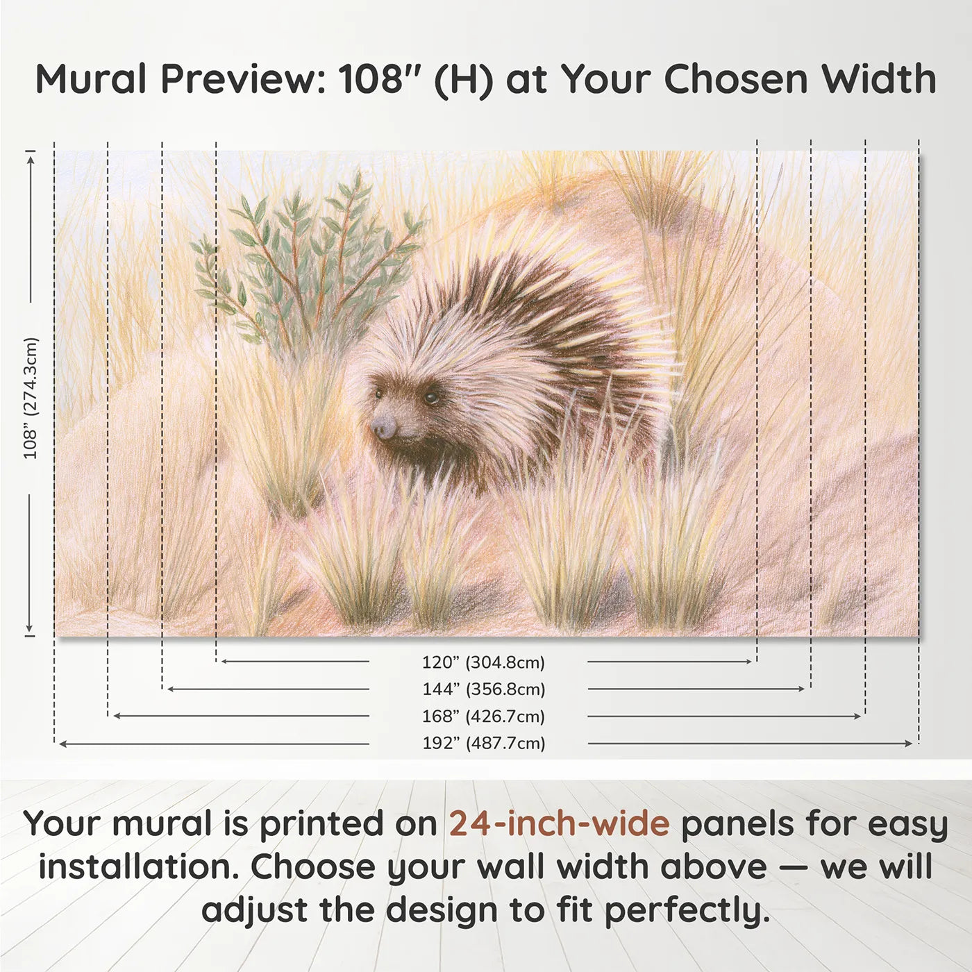 Panel layout and dimensions for Little Porcupine Wallpaper Mural by Whimsy Tots