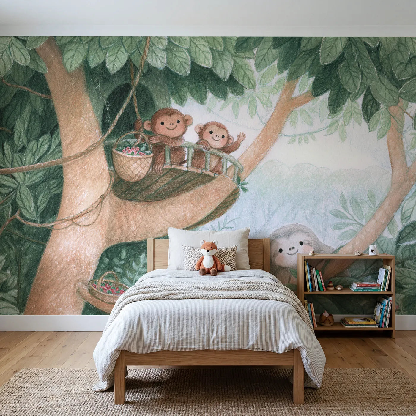 Colored Pencil monkey treehouse with rope lift, wall mural for a big-kid bedroom by Whimsy Tots