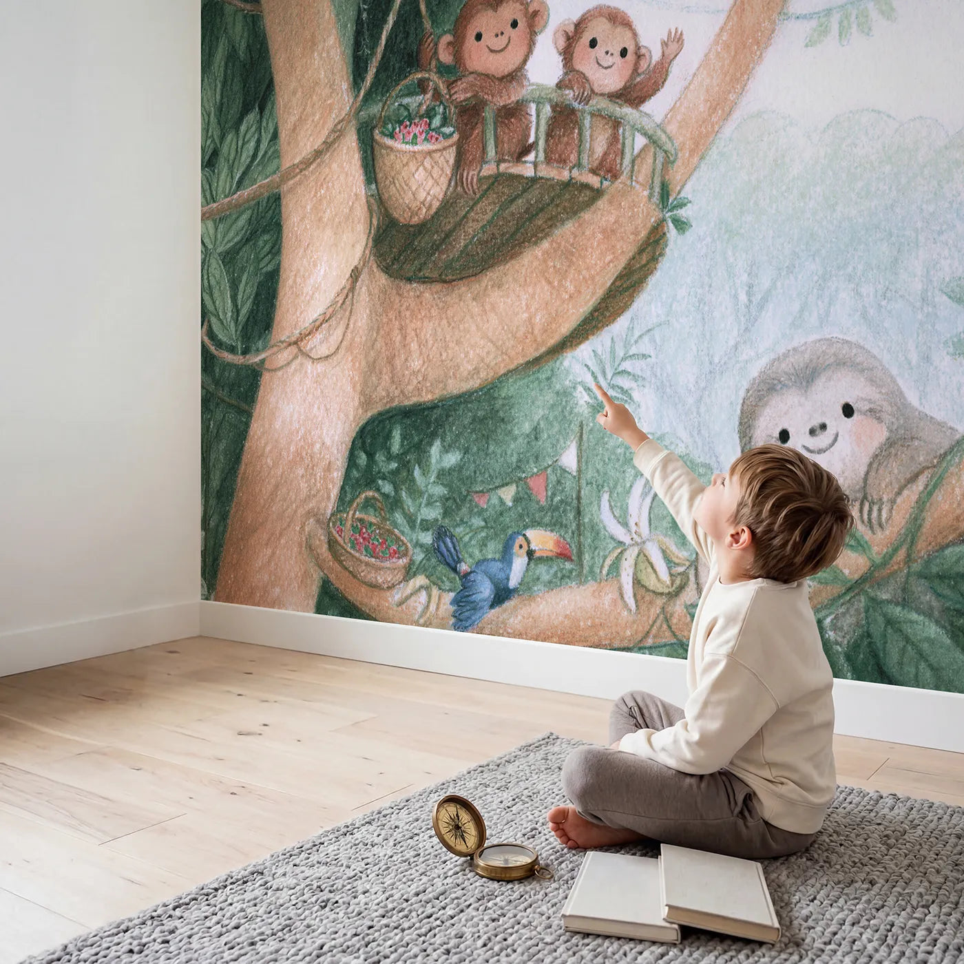 Child in nursery with Jungle Treehouse Visit Wallpaper Mural by Whimsy Tots