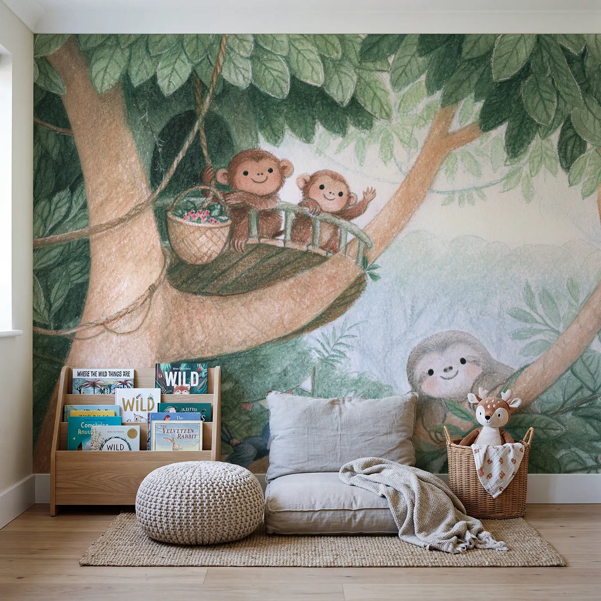 Jungle Treehouse Visit Wallpaper Mural in playroom setting by Whimsy Tots