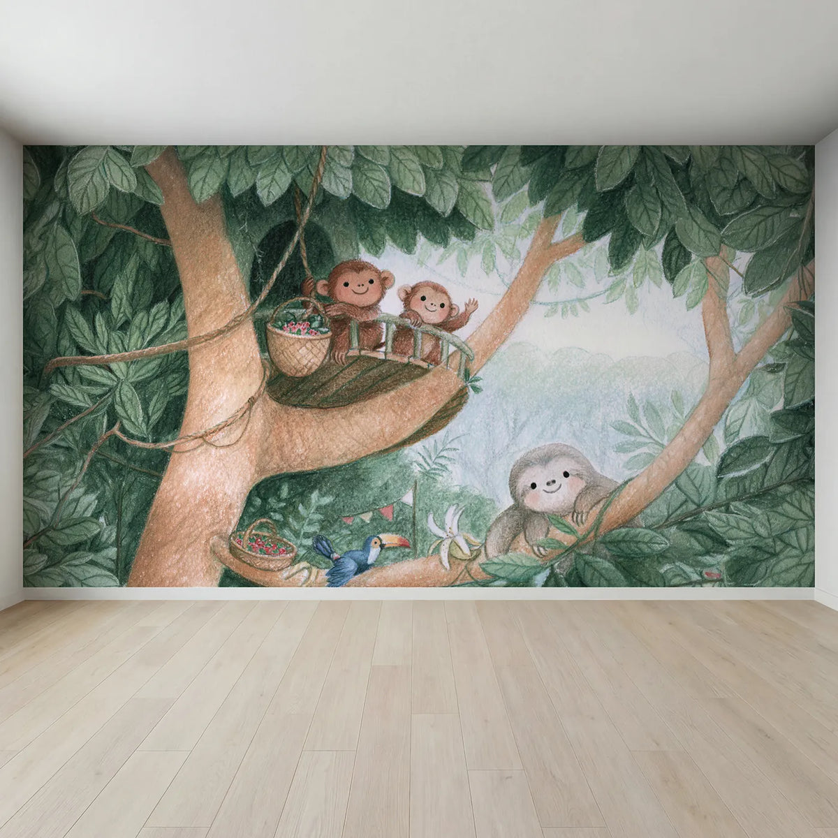 Full view of Jungle Treehouse Visit Wallpaper Mural by Whimsy Tots