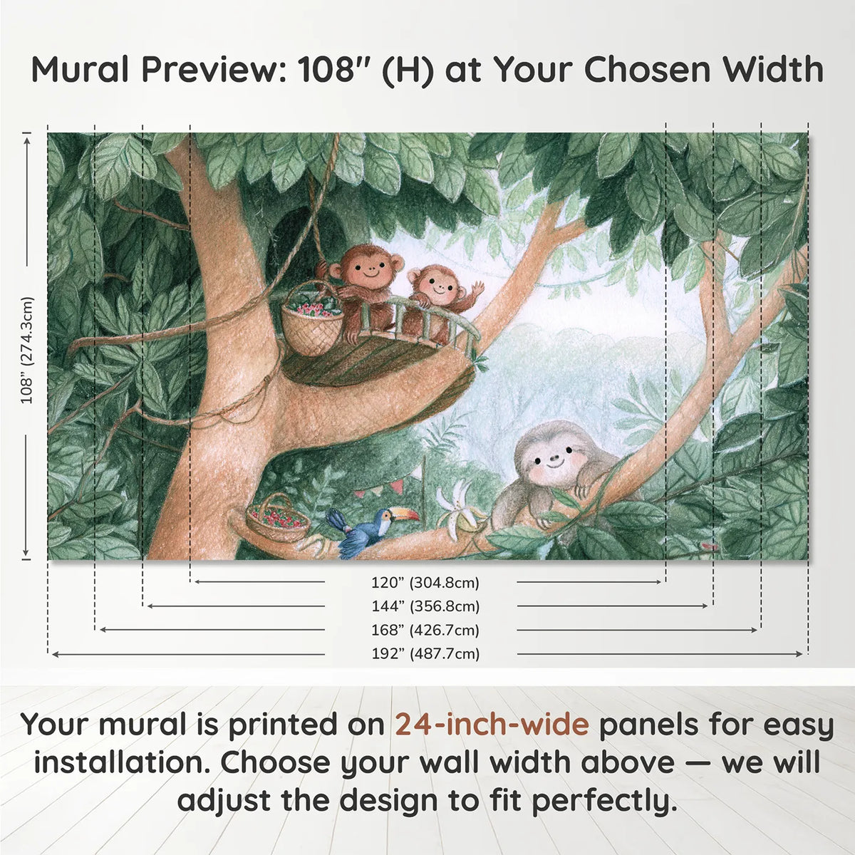 Panel layout and dimensions for Jungle Treehouse Visit Wallpaper Mural by Whimsy Tots