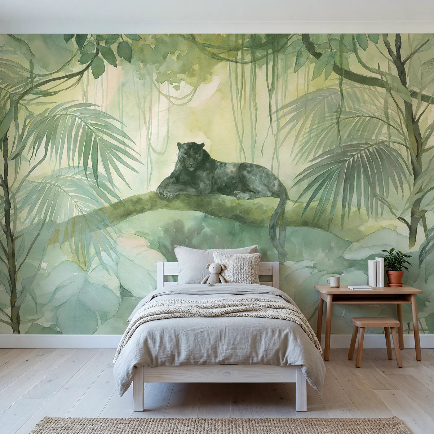 Watercolor wall mural of a panther on a mossy branch by Whimsy Tots