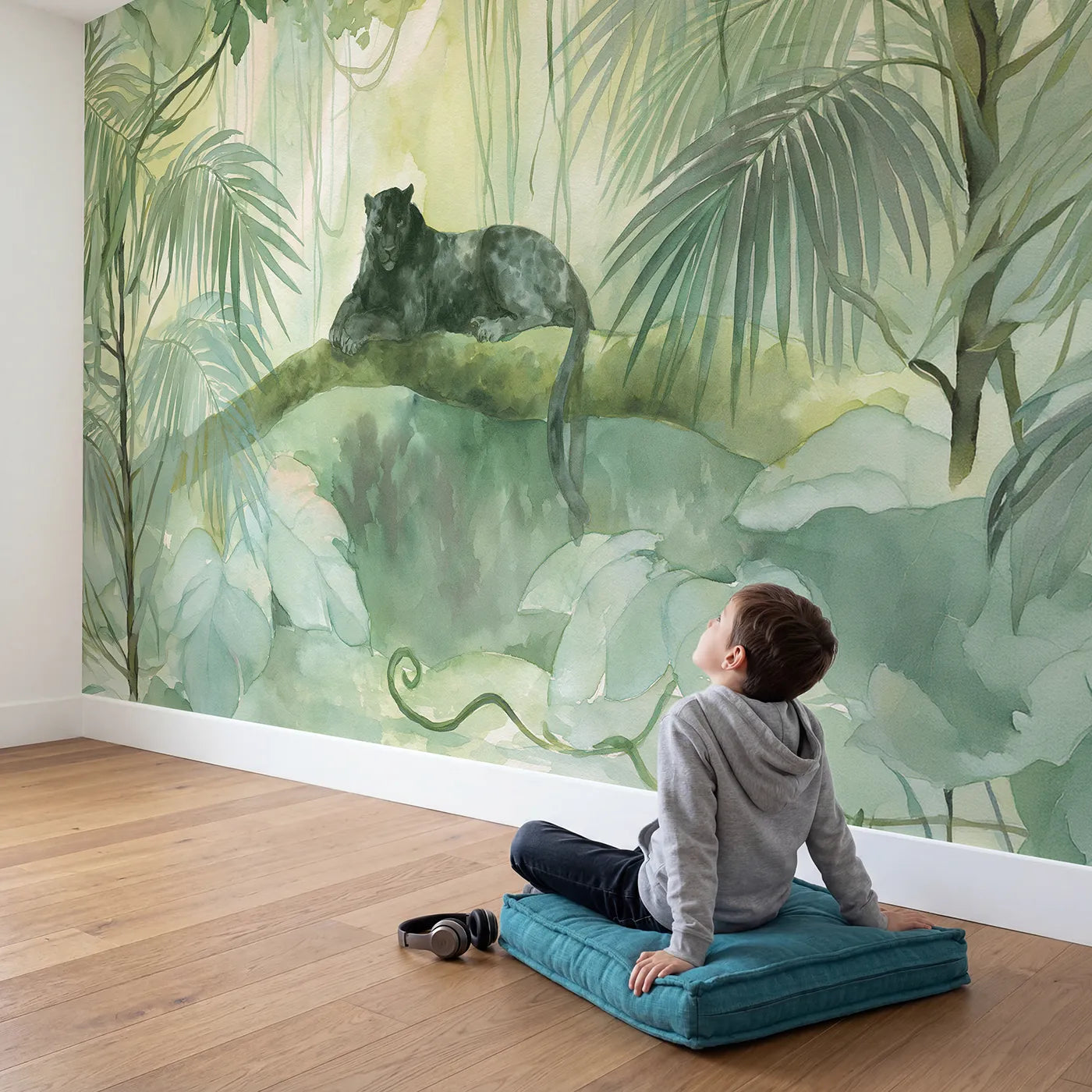 Child in nursery with Panther Mossy Branch Wallpaper Mural by Whimsy Tots