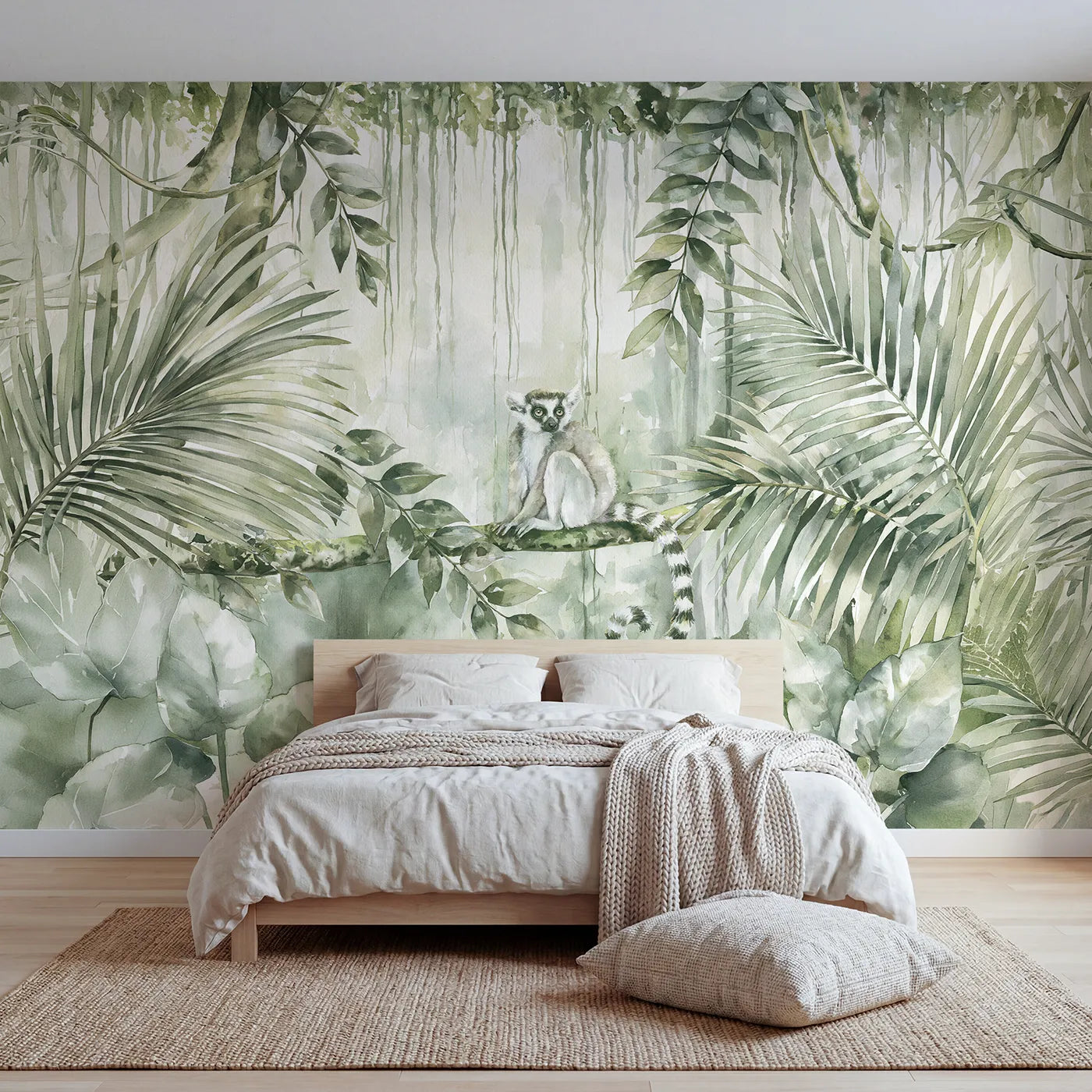 Watercolor wall mural of lemurs in dappled jungle light by Whimsy Tots