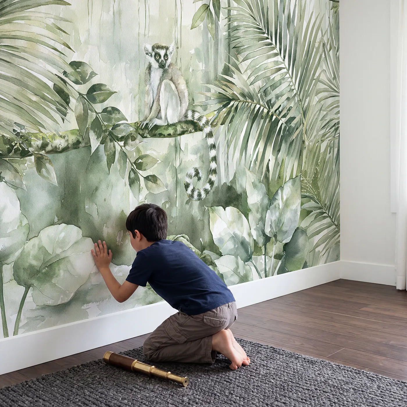 Child in nursery with Lemur Dappled Light Wallpaper Mural by Whimsy Tots