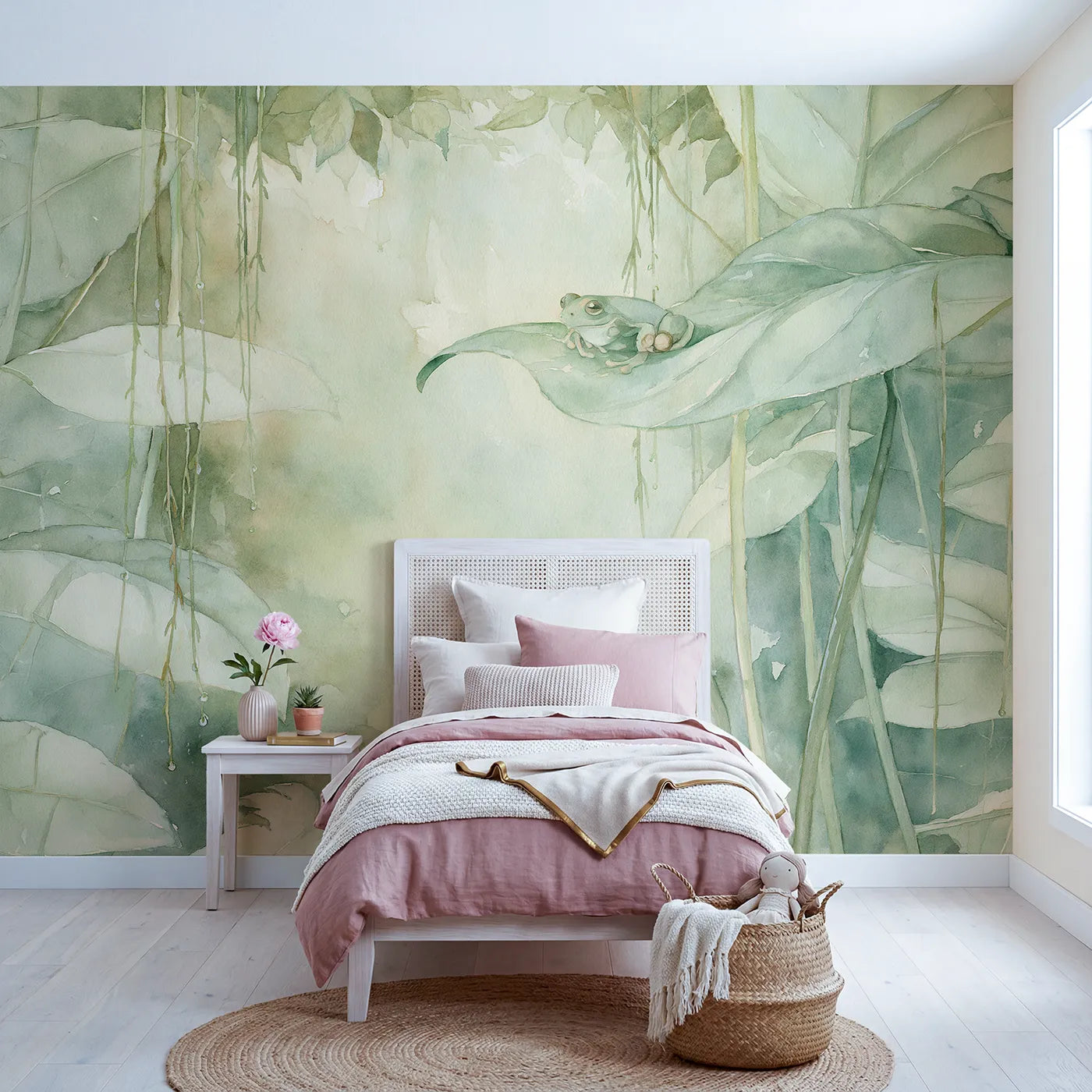 Watercolor wall mural of a tree frog on a dewy leaf by Whimsy Tots