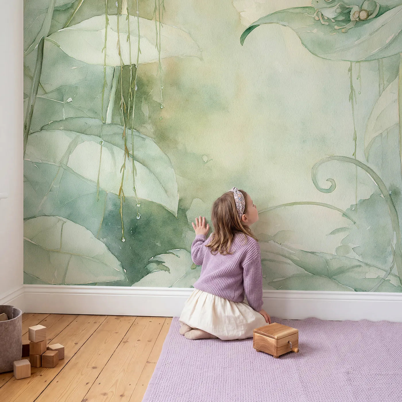 Child in nursery with Tree Frog Leaf Wallpaper Mural by Whimsy Tots