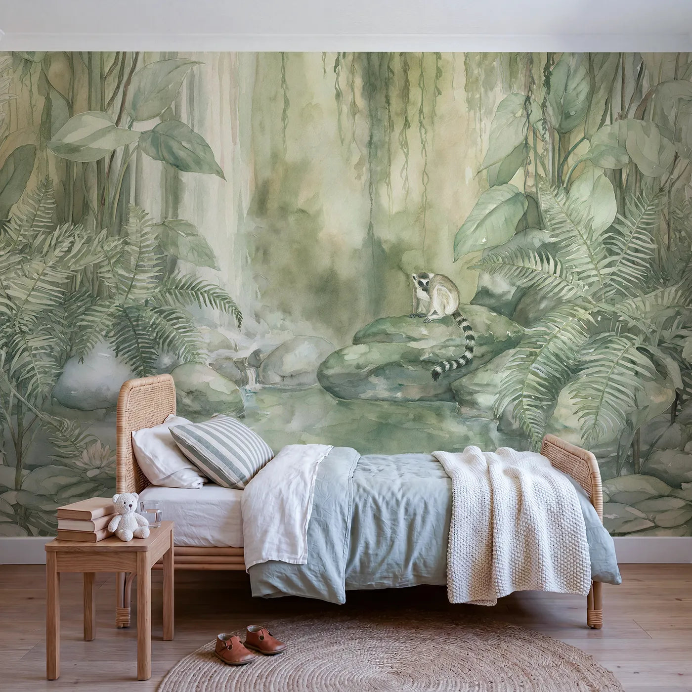 Watercolor wall mural of a jungle waterfall and pool by Whimsy Tots