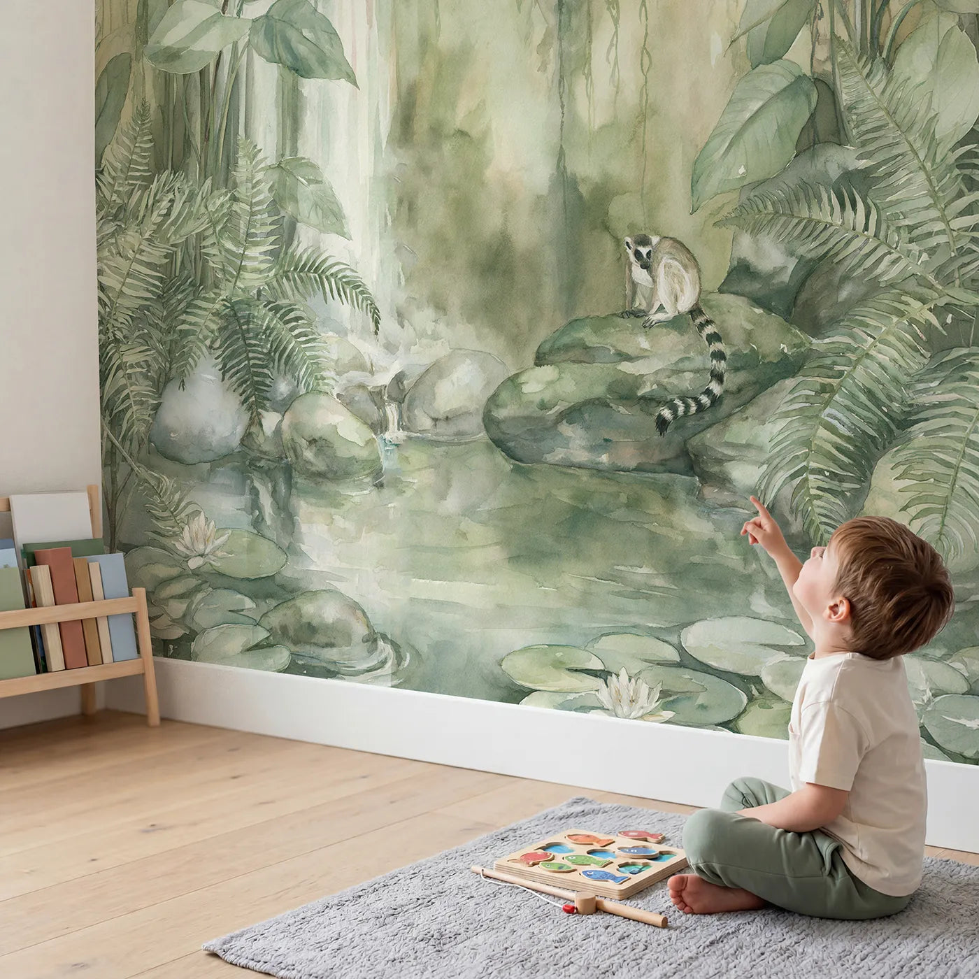 Child in nursery with Jungle Waterfall Pool Wallpaper Mural by Whimsy Tots