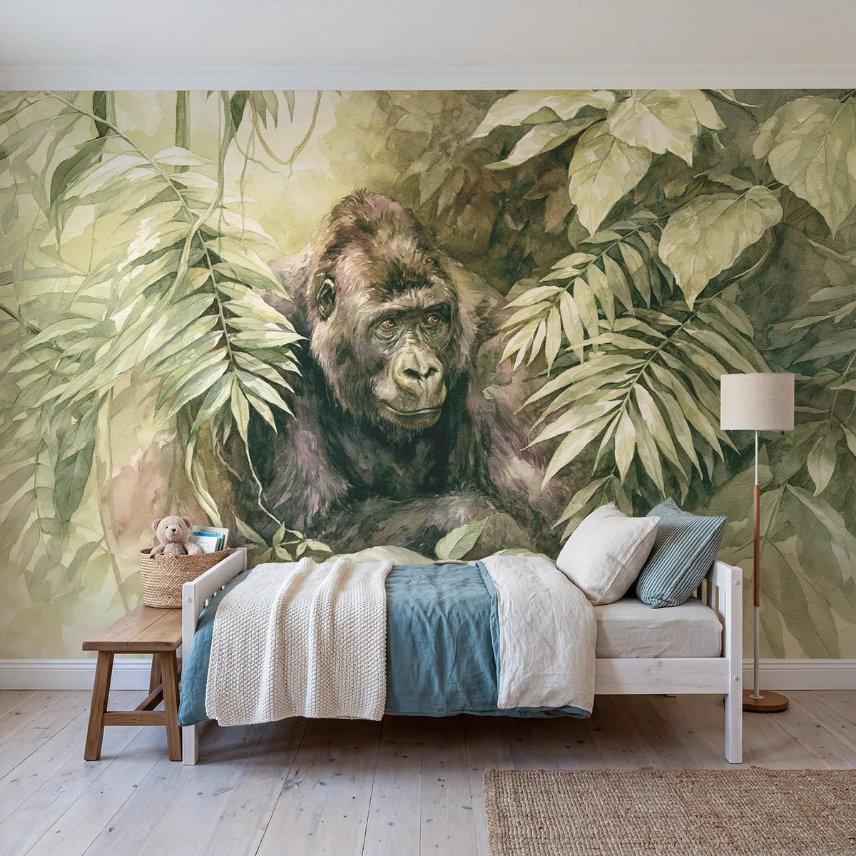 Watercolor wall mural of a calm gorilla among leaves by Whimsy Tots