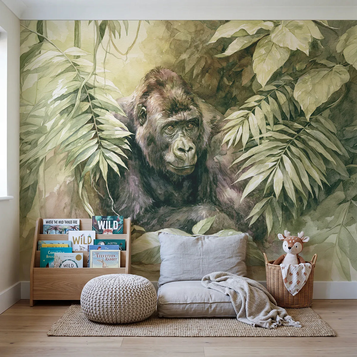 Gorilla Leafy Portrait Wallpaper Mural in playroom setting by Whimsy Tots