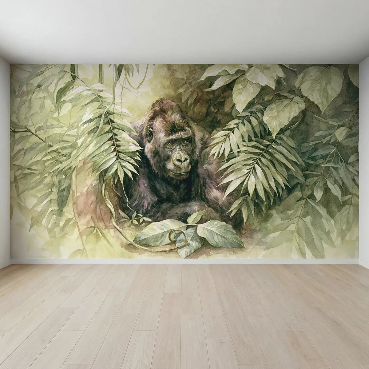 Full view of Gorilla Leafy Portrait Wallpaper Mural by Whimsy Tots