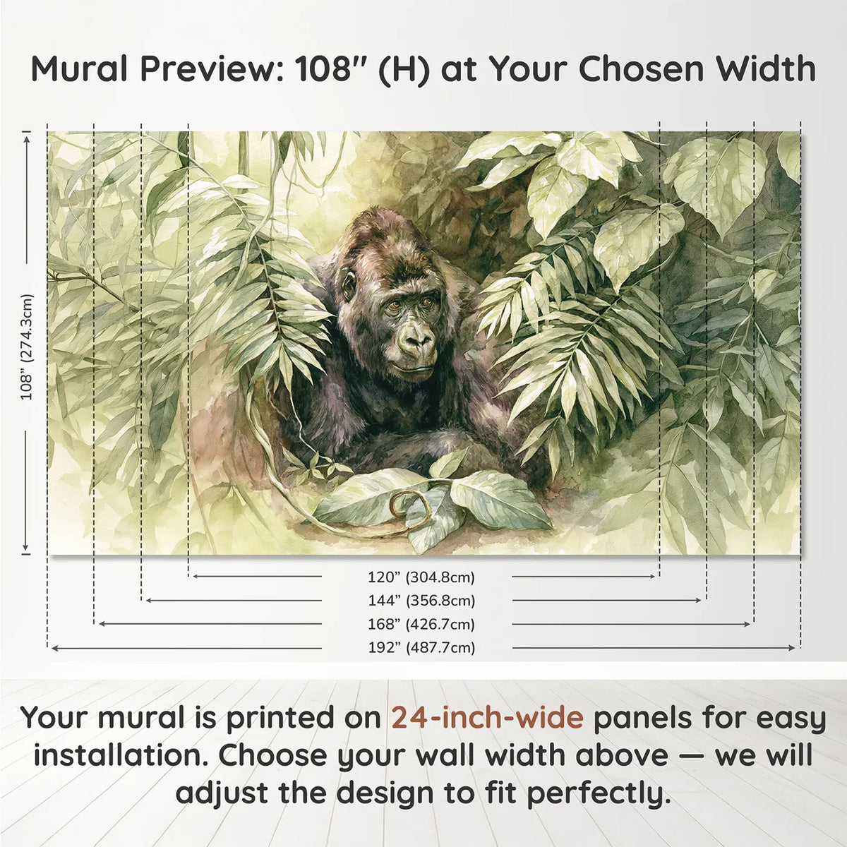 Panel layout and dimensions for Gorilla Leafy Portrait Wallpaper Mural by Whimsy Tots