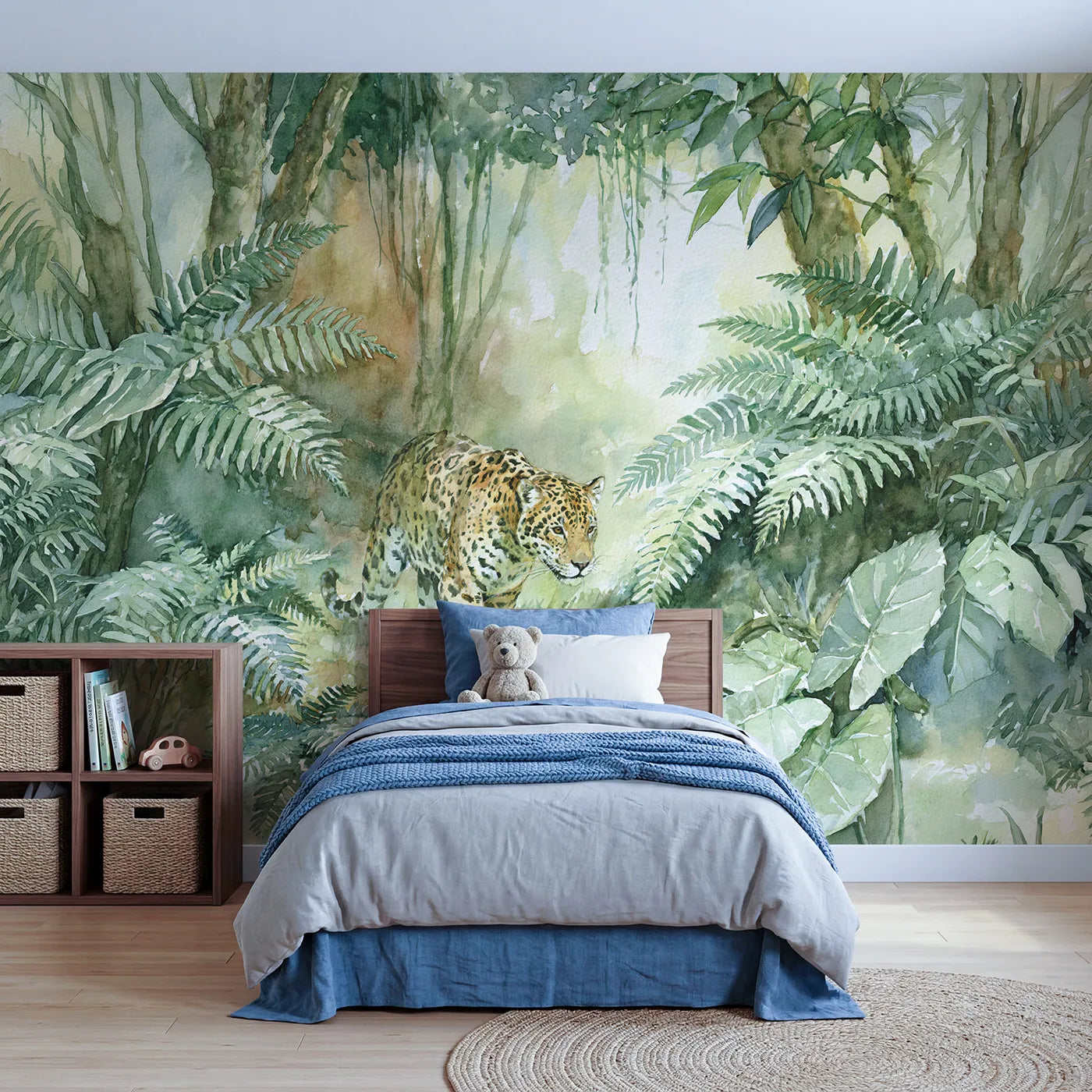 Watercolor wall mural of a jaguar prowling through ferns by Whimsy Tots