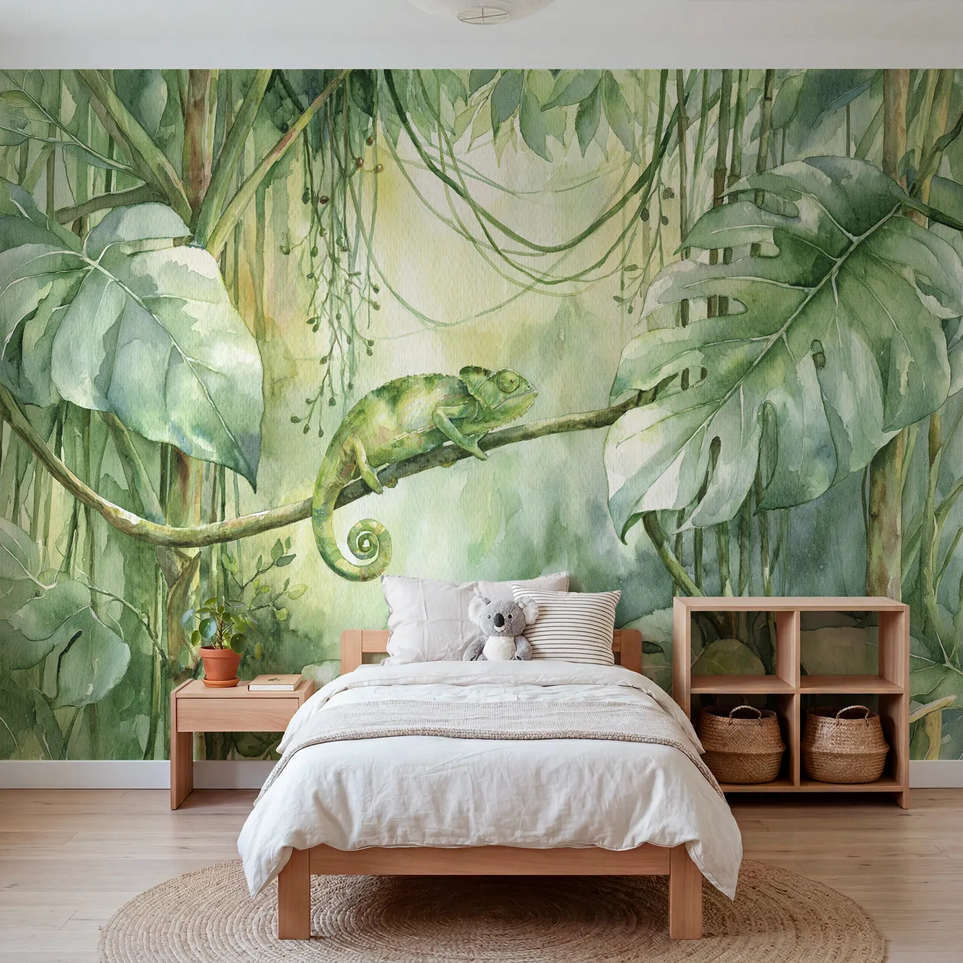 Watercolor wall mural of a chameleon on a branch by Whimsy Tots