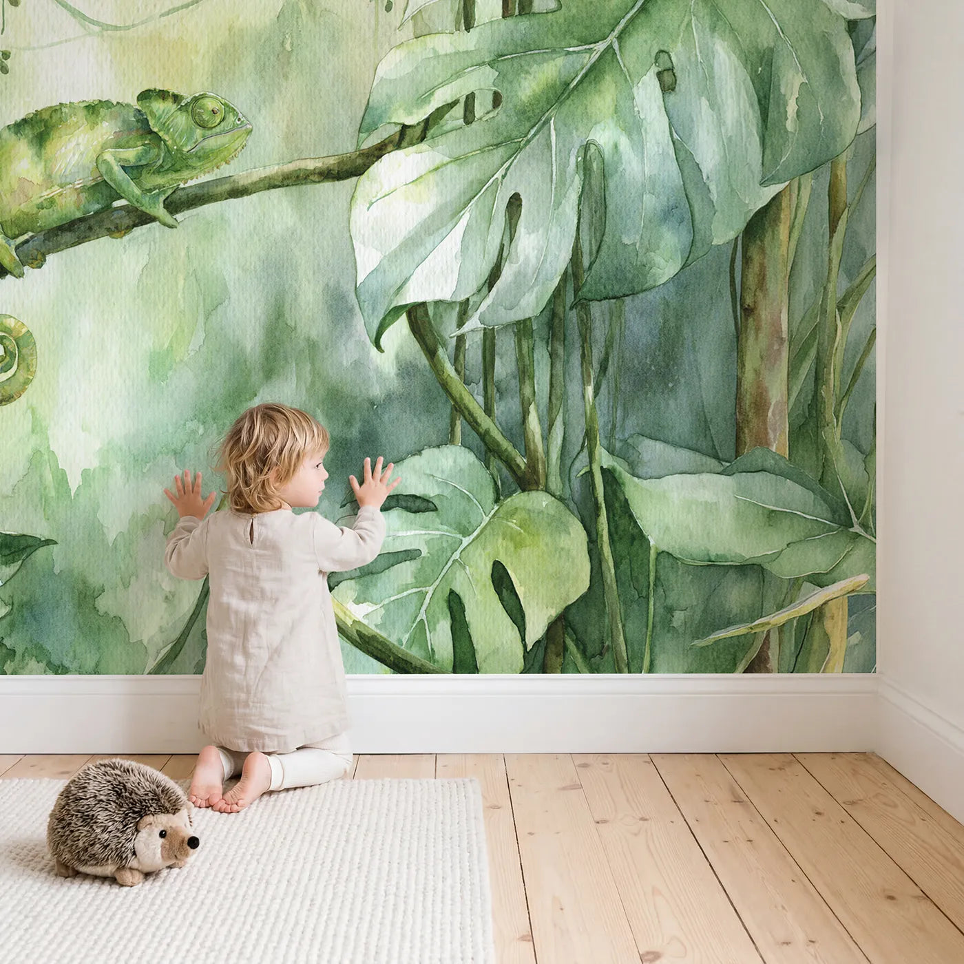 Child in nursery with Chameleon Branch Cling Wallpaper Mural by Whimsy Tots