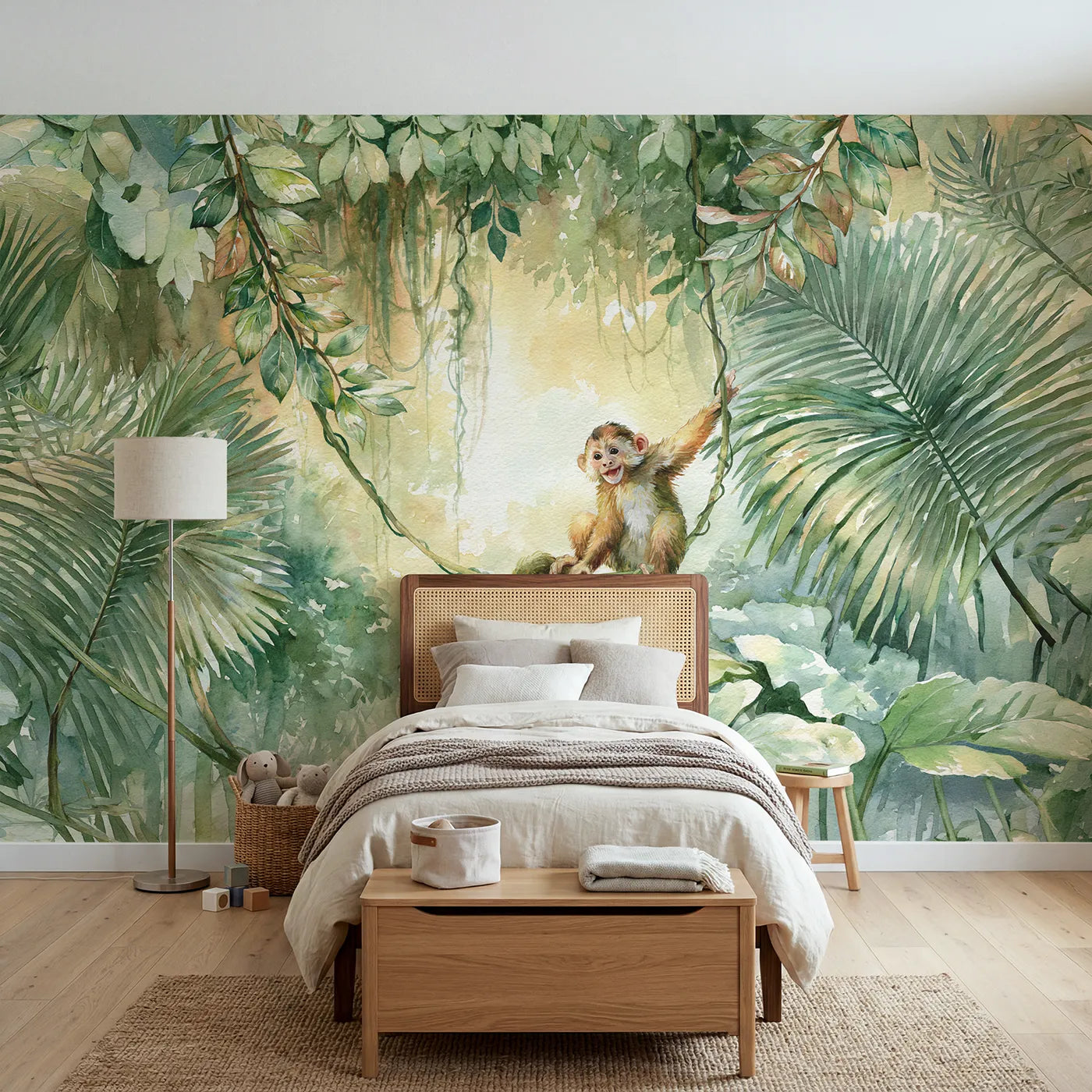 Watercolor wall mural of a monkey swinging on vines by Whimsy Tots