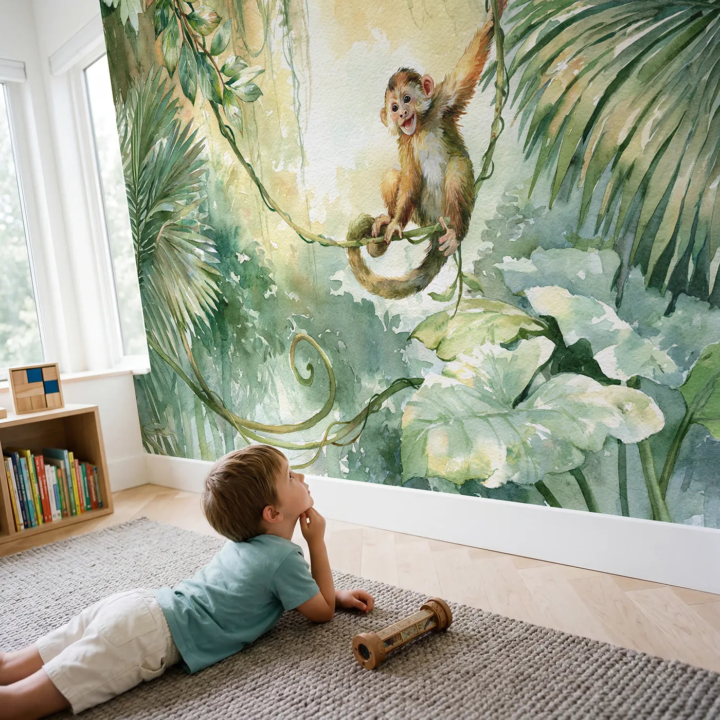 Child in nursery with Monkey Vine Swing Wallpaper Mural by Whimsy Tots