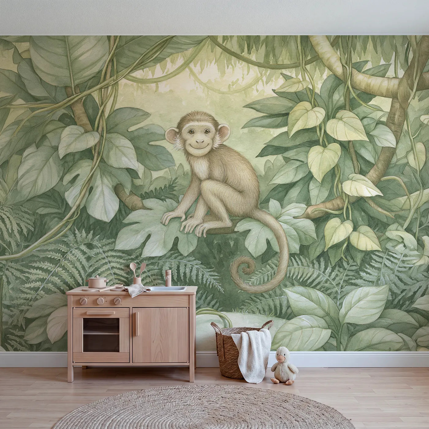 Storybook wall mural of a friendly monkey with a banana by Whimsy Tots