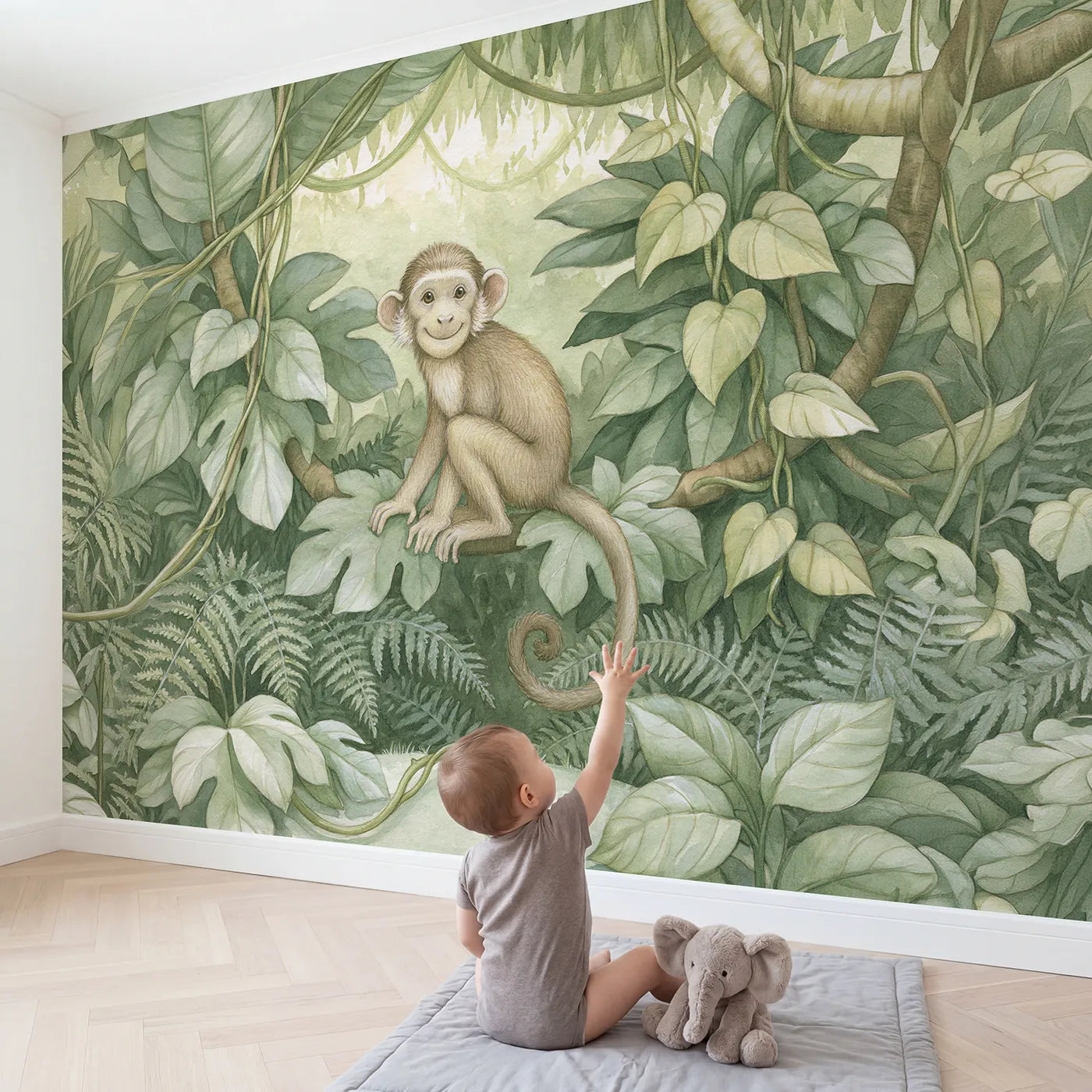 Child in nursery with Friendly Jungle Monkey Wallpaper Mural by Whimsy Tots