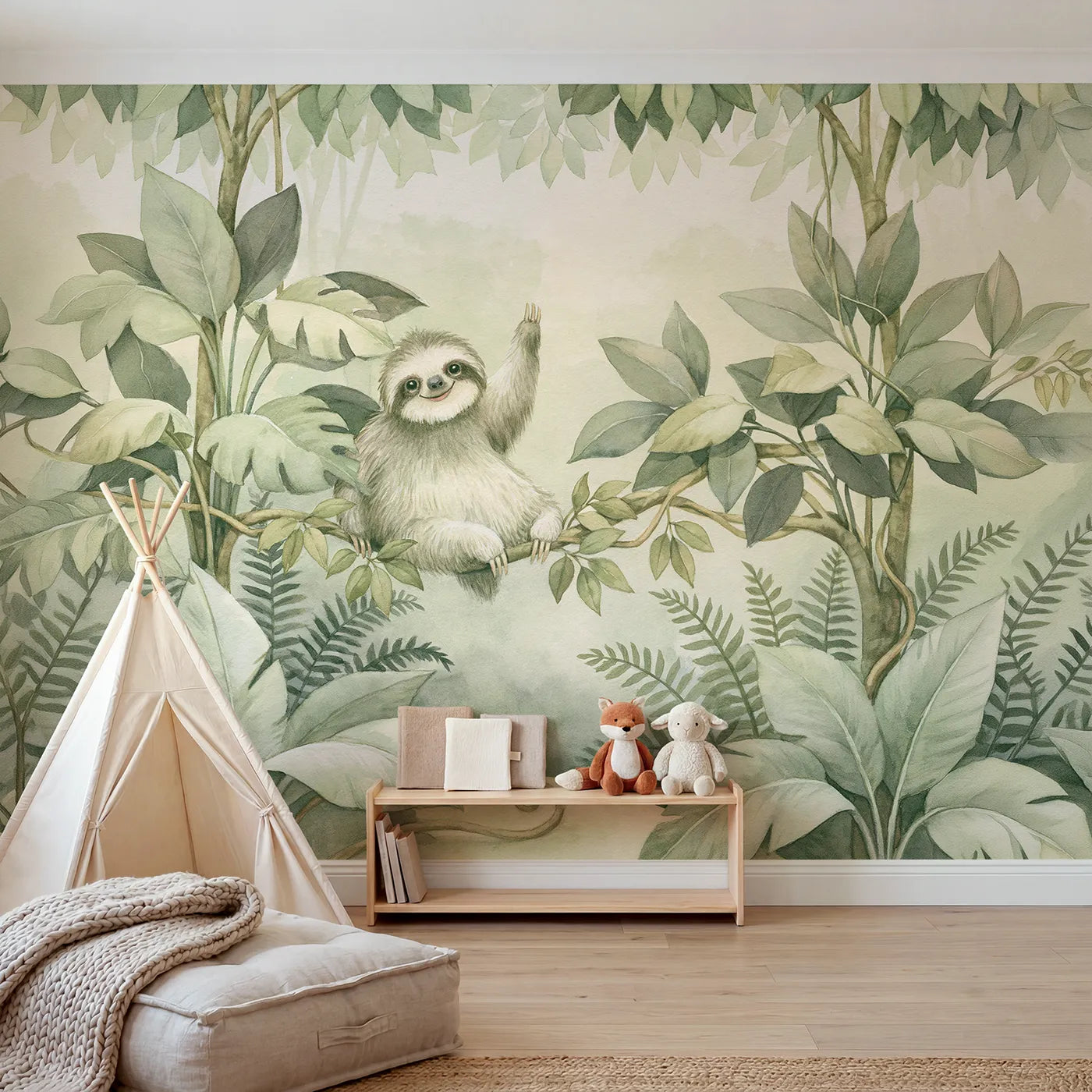 Storybook wall mural of a sloth waving from a branch by Whimsy Tots