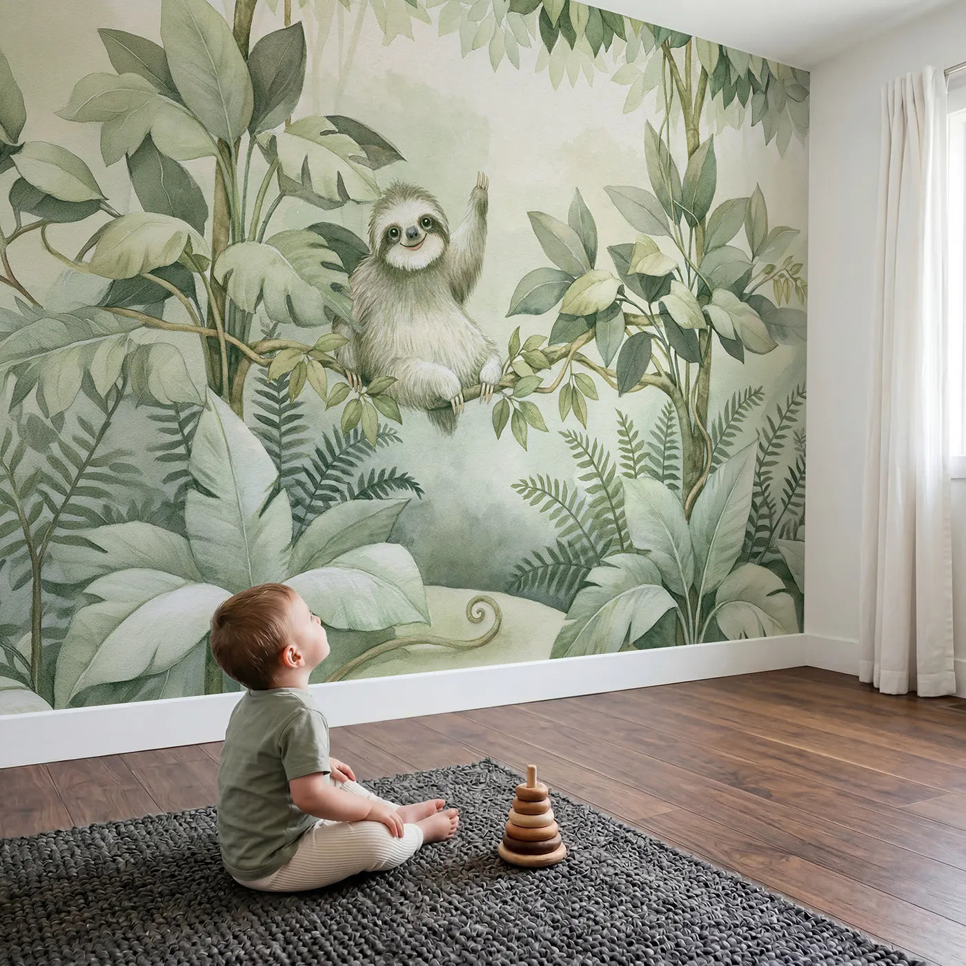 Child in nursery with Cheerful Waving Sloth Wallpaper Mural by Whimsy Tots