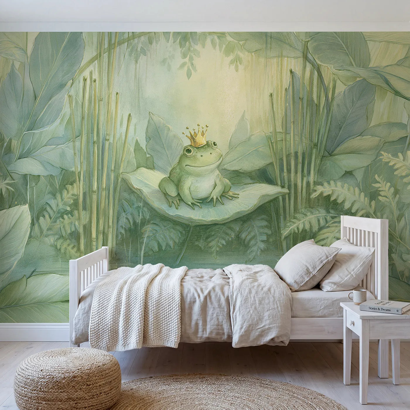 Storybook wall mural of a frog prince on a lily pad by Whimsy Tots