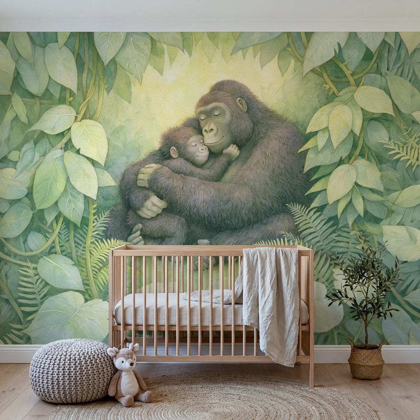 Storybook wall mural of a cuddling baby gorilla by Whimsy Tots