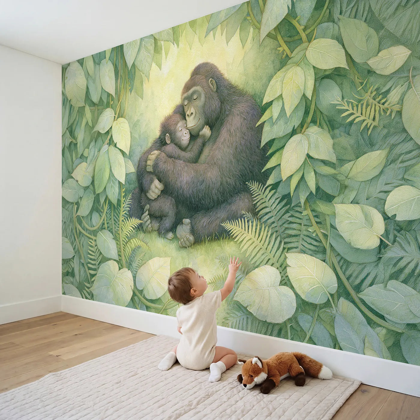 Child in nursery with Baby Gorilla Cuddle Wallpaper Mural by Whimsy Tots