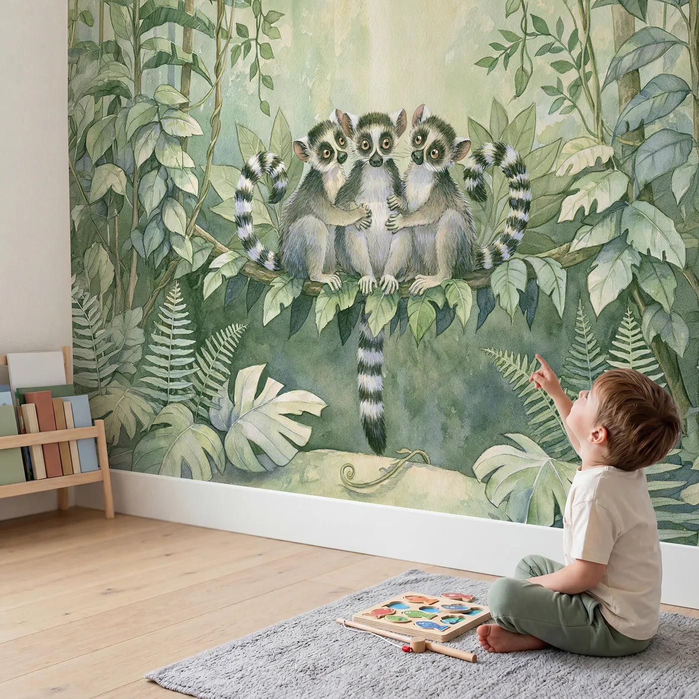 Child in nursery with Playful Lemur Trio Wallpaper Mural by Whimsy Tots