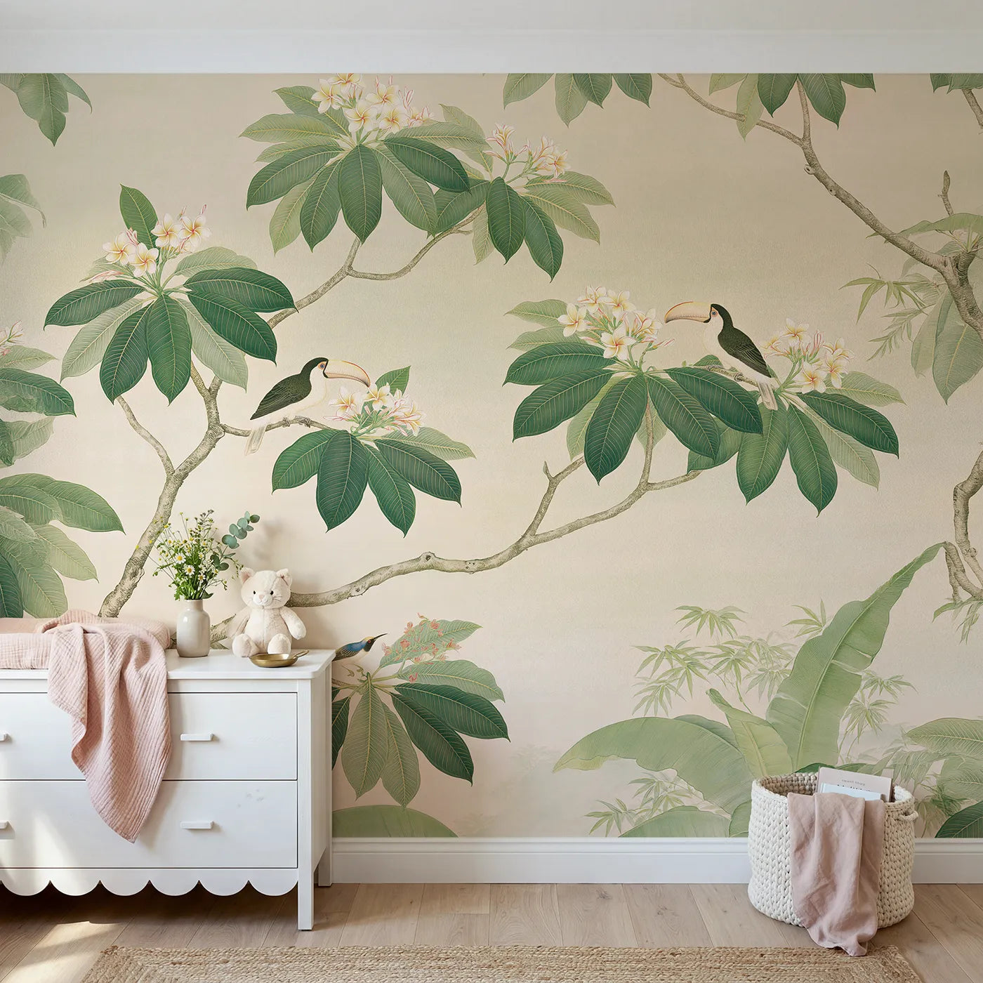 Botanical Elegance toucans in a flowering canopy, wall mural for a big-kid bedroom by Whimsy Tots