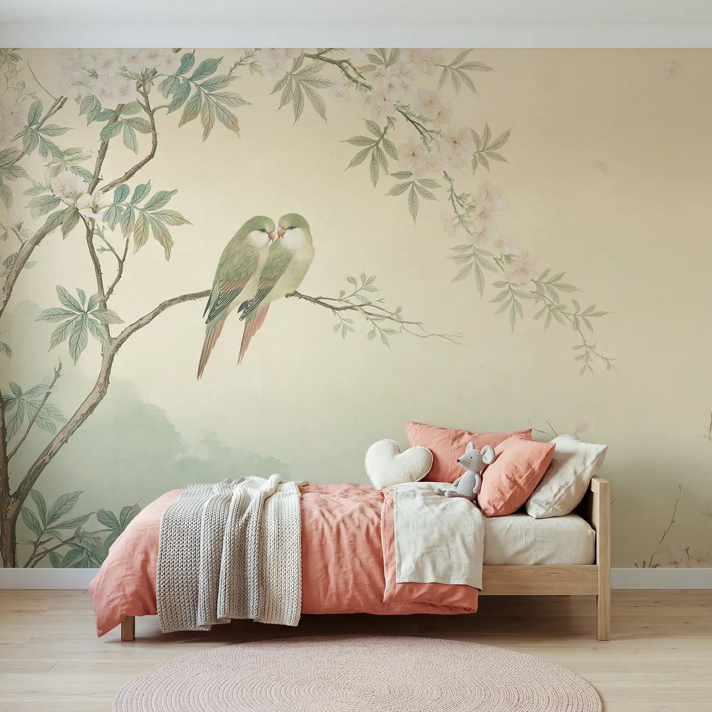 Chinoiserie wall mural of parrots among blossoms by Whimsy Tots