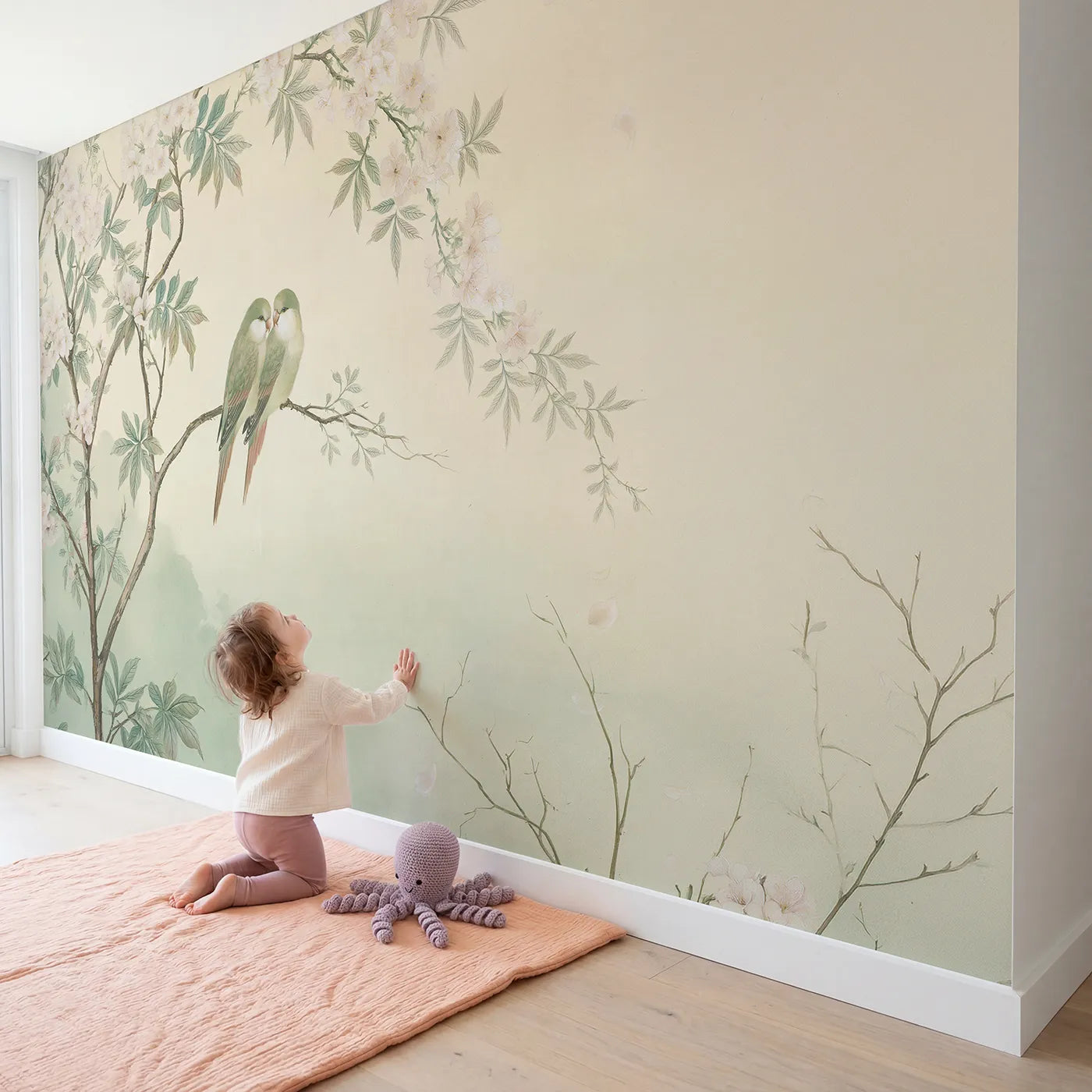 Child in nursery with Parrot Blossom Pair Wallpaper Mural by Whimsy Tots