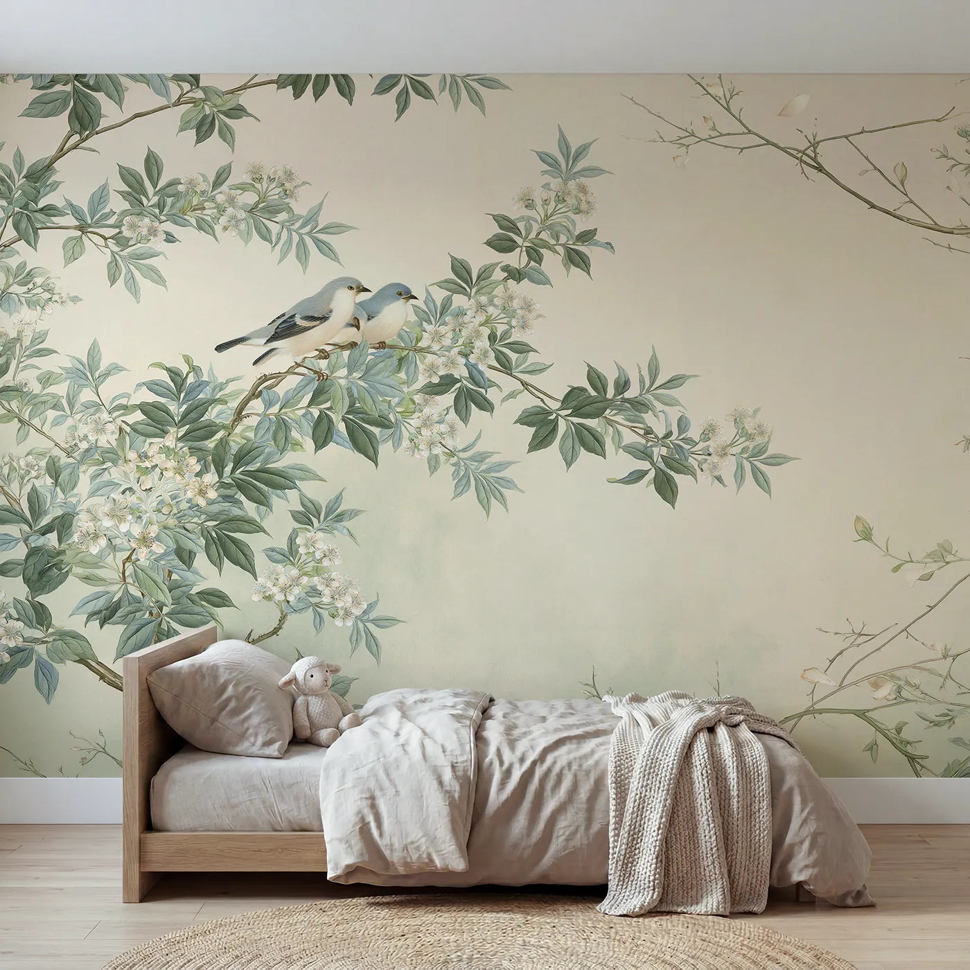 Chinoiserie wall mural of a tropical bird garden by Whimsy Tots