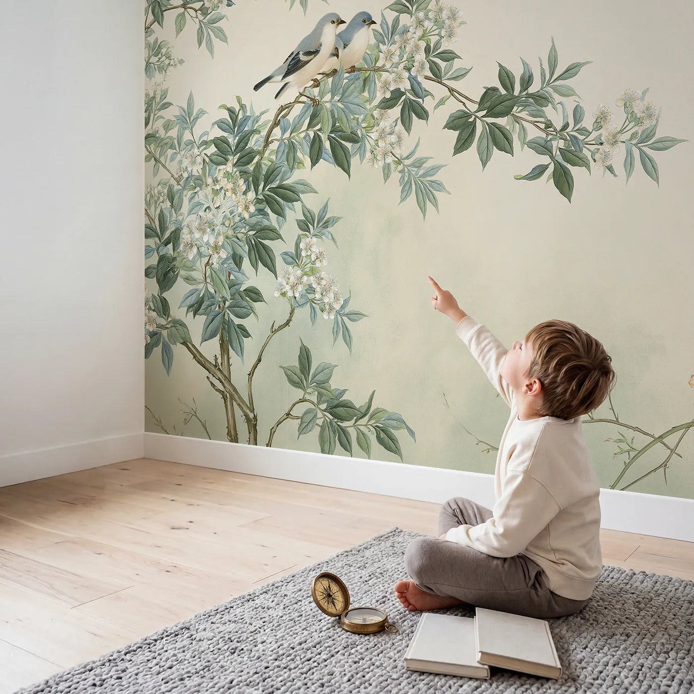 Child in nursery with Tropical Bird Garden Wallpaper Mural by Whimsy Tots